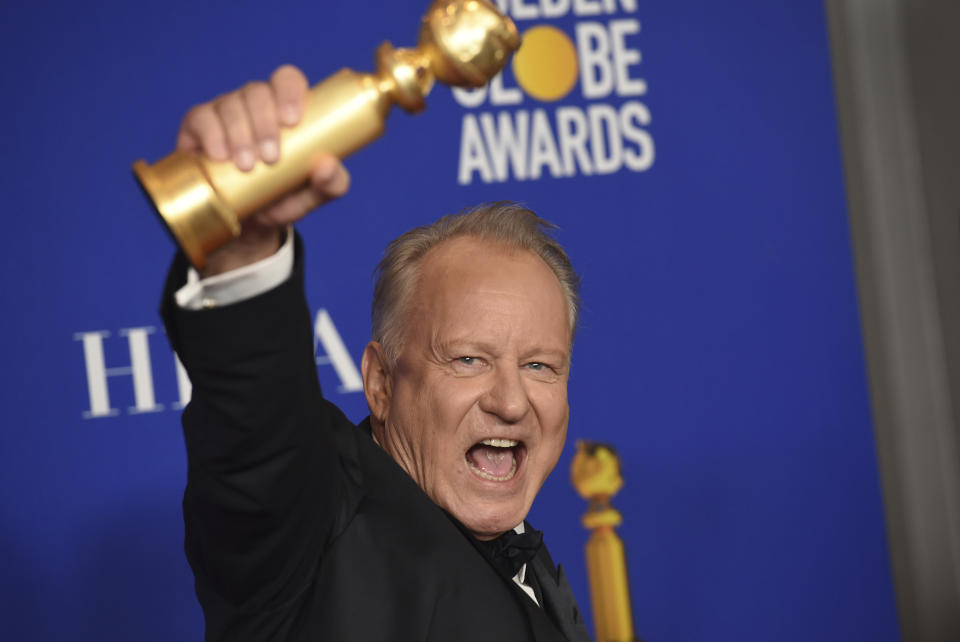 Stellan Skarsgard poses in the press room with the award for best performance by an actor in a supporting role in a series, limited series or motion picture made for television for "Chernobyl" at the 77th annual Golden Globe Awards at the Beverly Hilton Hotel on Sunday, Jan. 5, 2020, in Beverly Hills, Calif. (AP Photo/Chris Pizzello)