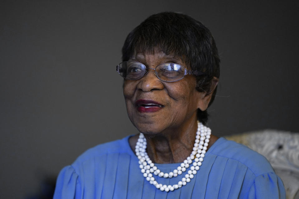 Talu Massey speaks about voting from her home in Detroit, Tuesday, Oct. 27, 2020. Massey is among the millions of Americans who voted prior to Nov. 3, resulting in record-breaking early turnout. But this is far from the Detroit resident's first election. Very far. She voted for FDR, after all. The 103-year-old is proud of her lengthy voting record, saying it's every citizen's "civic duty" to take part in the process. (AP Photo/Paul Sancya)