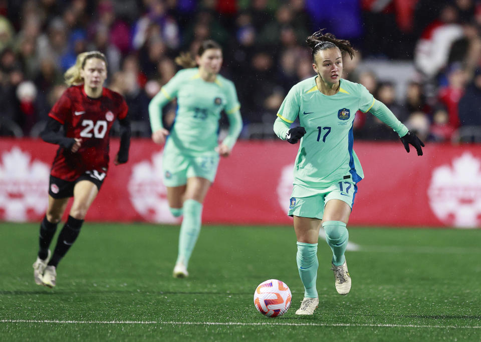 LANGFORD, BRITISH COLUMBIA - DECEMBER 01: Amy Sayer #17 of Australia plays the ball during the first half of their friendly match against Canada at Starlight Stadium on December 01, 2023 in Langford, British Columbia. Canada won 5-0.  (Photo by Jeff Vinnick/Getty Images for Football Australia)