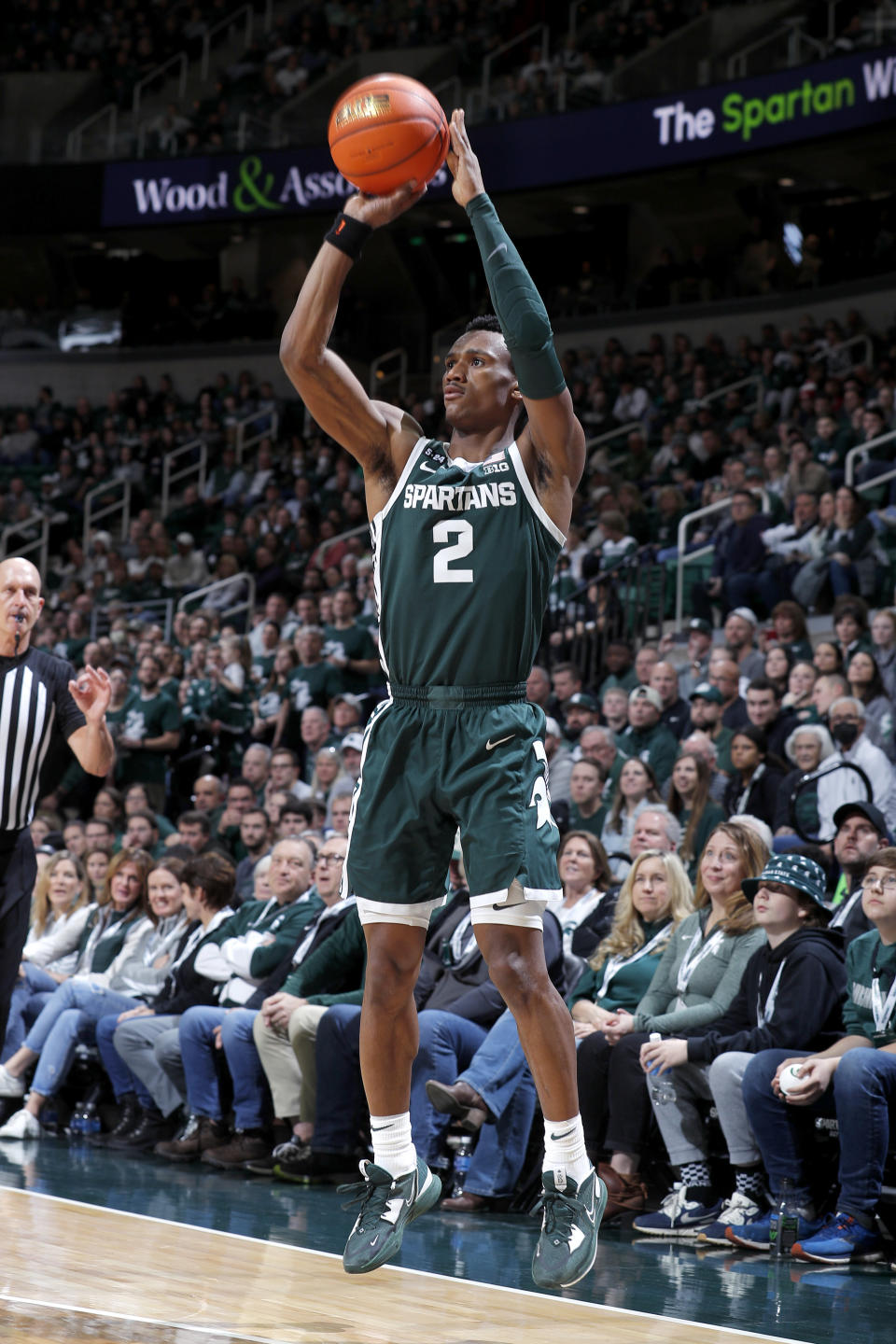 Michigan State's Tyson Walker shoots a 3-pointer against Nebraska during the second half of an NCAA college basketball game, Tuesday, Jan. 3, 2023, in East Lansing, Mich. Michigan State won 74-56. (AP Photo/Al Goldis)