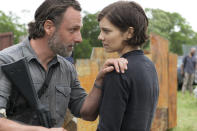 <p>Andrew Lincoln as Rick Grimes and Lauren Cohan as Maggie Greene in AMC’s <i>The Walking Dead</i>.<br>(Photo: Gene Page/AMC) </p>