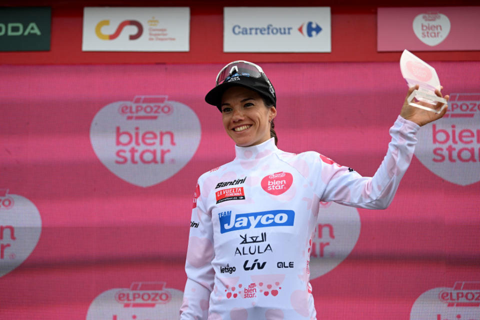 MIRADOR DE PEAS LLANAS SPAIN  MAY 05 Ane Santesteban of Spain and Team JaycoAlula celebrates at podium as White Most Combative Rider Jersey winner during the 9th La Vuelta Femenina 2023 Stage 5 a 1292km stage from La Cabrera to Mirador de Peas Llanas 1479m  UCIWWT  on May 05 2023 in Mirador de Peas Llanas Spain Photo by Dario BelingheriGetty Images