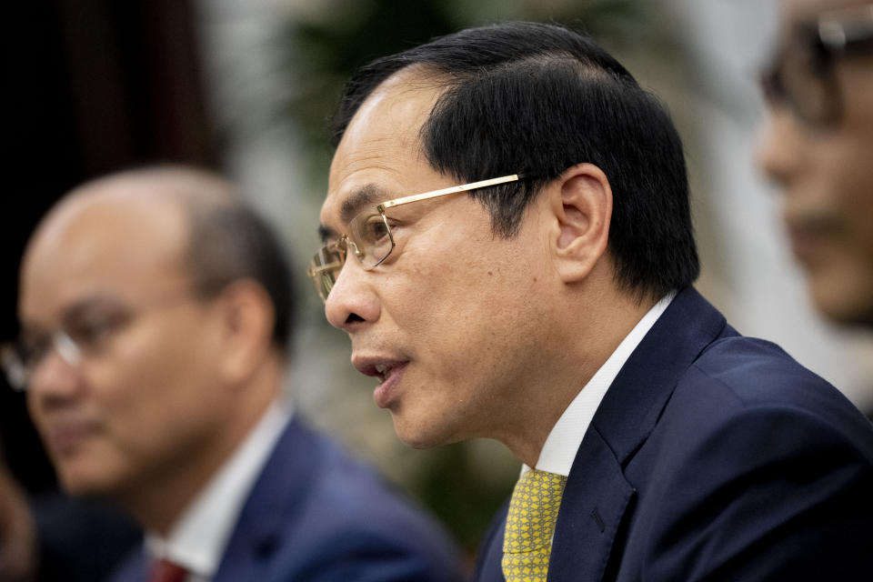 Vietnam's Foreign Minister Bui Thanh Son speaks during a meeting with U.S. Secretary of State Antony Blinken at the Government Guest House in Hanoi, Vietnam, Saturday, April 15, 2023. (AP Photo/Andrew Harnik, Pool)