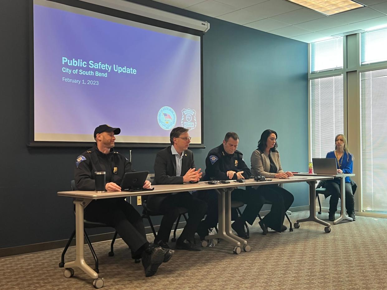 South Bend Police Department Operations Division Chief Dan Skibins (left), South Bend Mayor James Mueller, SBPD Chief of Police Scott Ruszkowski and Lt. Kayla Miller present the SBPD's quarterly public safety update on Wednesday, Feb. 1, 2023, at the South Bend Police Department.