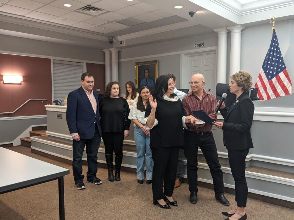 Fair Lawn Mayor Gail Rottsenstrich taking the oath of office in April. She said restoring the borough's declining tree canopy is a top goal for her.