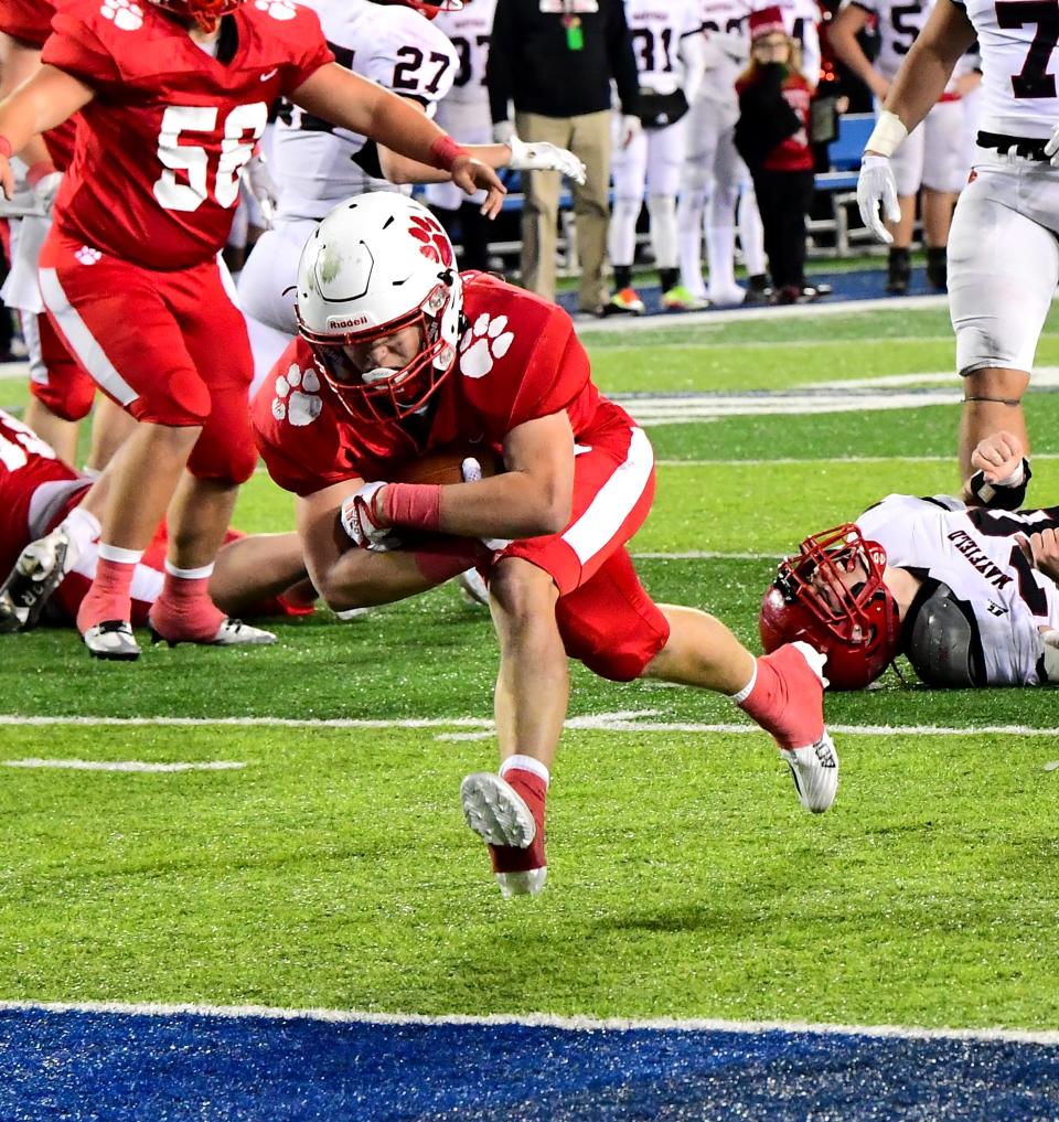 Beechwood's Chase Flaherty sets sail into the endzone for a touchdown in the KHSAA Class 2A state title game between Beechwood and Mayfield high schools Friday, Dec. 2, 2022.