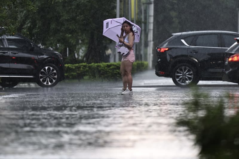 9縣市大雨特報（2） 中央氣象署23日下午發布大雨特報，北北基、桃園至 南投、宜花等山區留意局部大雨發生；另外針對雙北 地區發布大雷雨即時訊息，慎防劇烈降雨、雷擊。圖 為台北市信義區民眾午後撐傘遮雨。 中央社記者翁睿坤攝  113年6月23日 