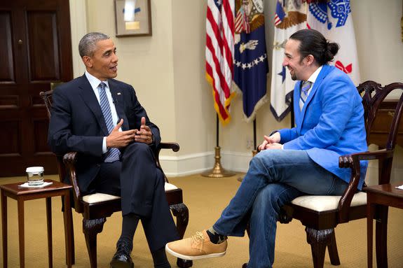 President Obama and Lin-Manuel Miranda in the Roosevelt Room of the White House.