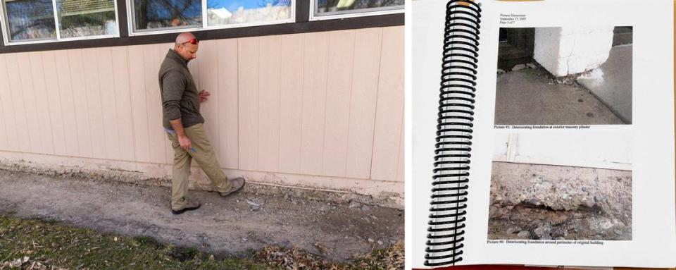 Superintendent Troy Easterday points out exposed rebar in the crumbling foundation of the elementary school building — a condition that was also flagged in an engineering report in 2005.