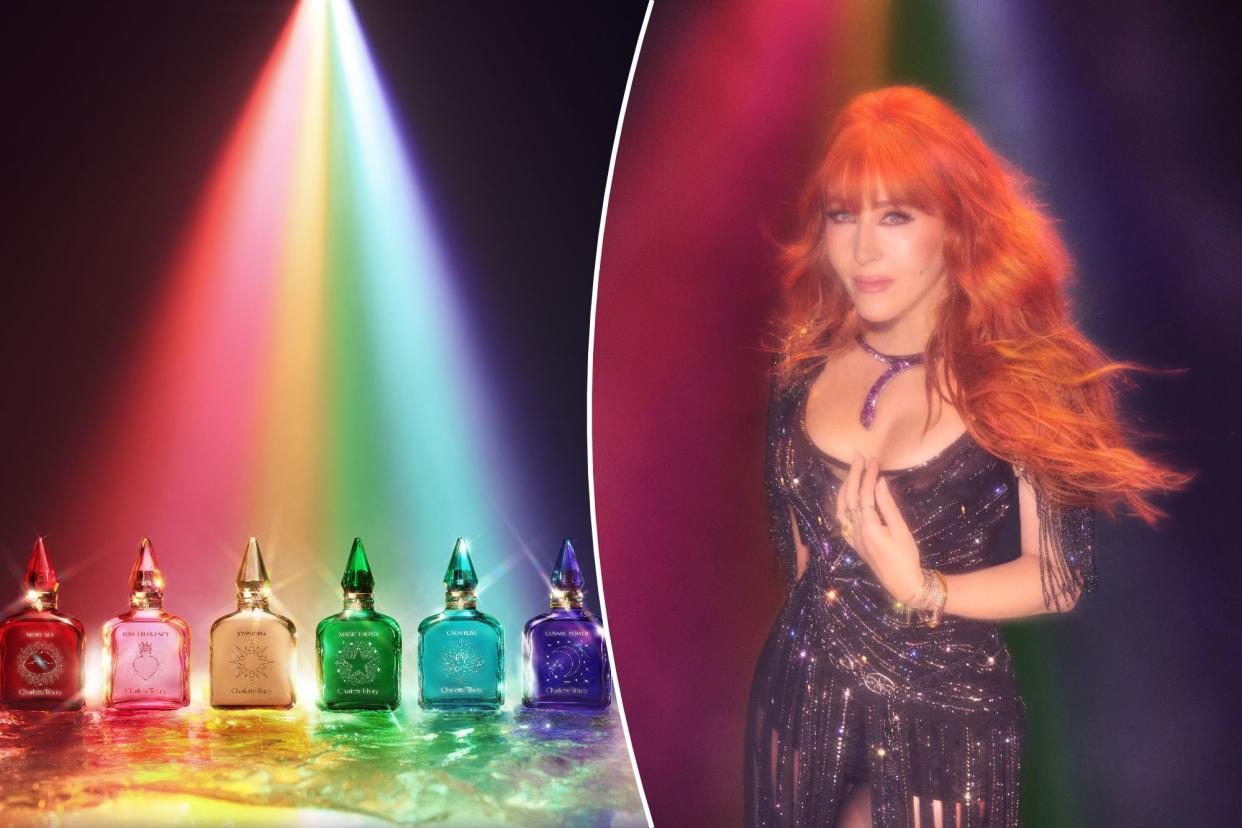 Charlotte Tilbury's headshot is seen next to an image of her new collection of emotional fragrances.