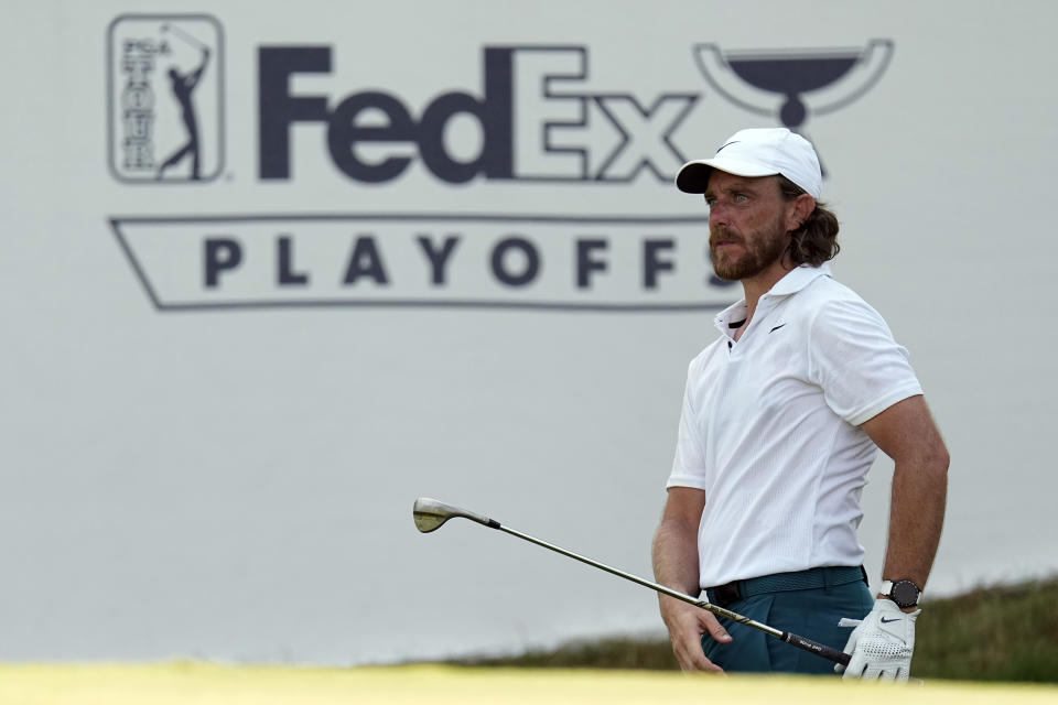 Tommy Fleetwood watches his chip shot on the 16th hole during the second round of the St. Jude Championship golf tournament Friday, Aug. 11, 2023, in Memphis, Tenn. (AP Photo/George Walker IV)