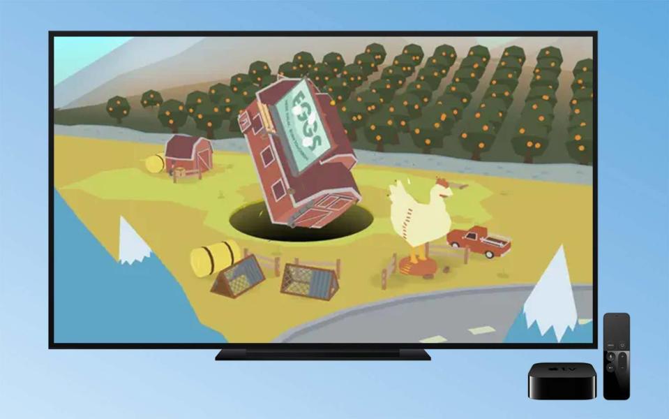 A sinkhole swallows a barn in Donut Country, one of the best Apple TV games.