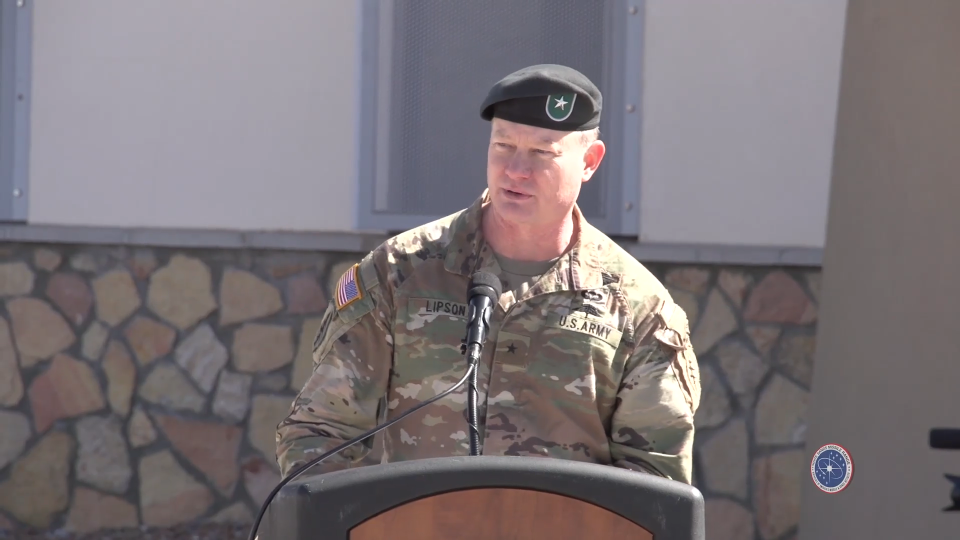 Deputy Commanding General – Support 1st Special Forces Command (Airborne) Brig. Gen. Derek Lipson speaks during the activation ceremony for the Special Operations Forces Training and Experimentation Center at White Sands Missile Range on March 8, 2022.