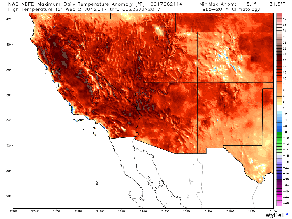 Projected temperature departures from average across the Southwest U.S. on Wednesday, June 21, 2017.