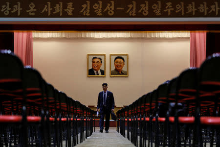 Portraits of late North Korean leaders Kim Il Sung and Kim Jong Il are seen in a gymnasium at a teachers' training college during a government organised visit for foreign reporters in Pyongyang, North Korea, September 7, 2018. REUTERS/Danish Siddiqui