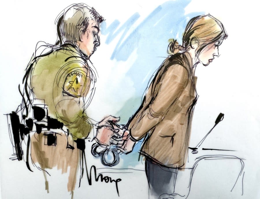 Courtroom sketch of Rebecca Grossman being handcuffed when a guilty verdict was announced in a Van Nuys courtroom on Feb. 23, 2024.