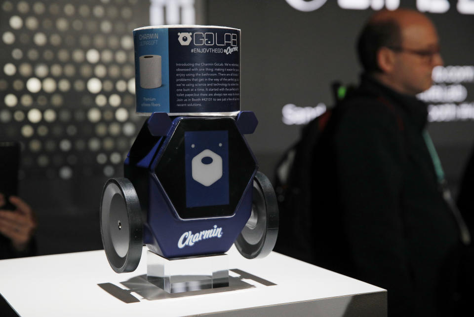 The Charmin RollBot is on display during a Procter & Gamble news conference before CES International, Sunday, Jan. 5, 2020, in Las Vegas. (AP Photo/John Locher)