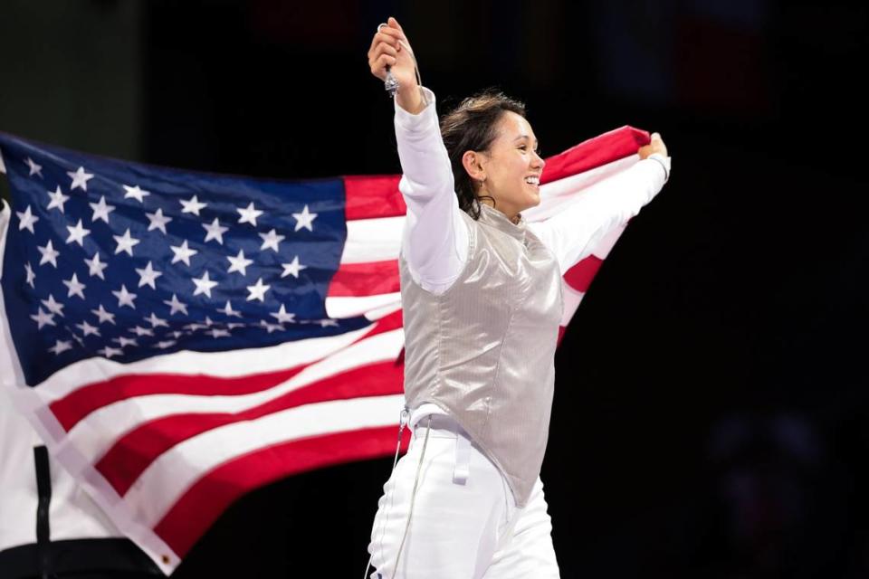 Lee Kiefer celebrates after winning gold in an all-American women’s foil final at the 2024 Olympics in Paris on Sunday, July 28, 2024. (Wally Skalij/Los Angeles Times/TNS)