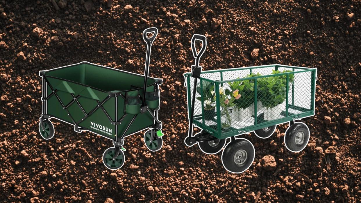  Two green gardening carts on a background of brown soil. 