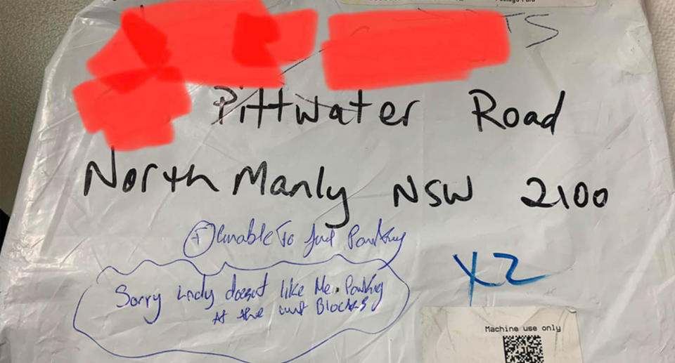 A photo of the parcel meant to be delivered by Australia Post to an address in Manly.