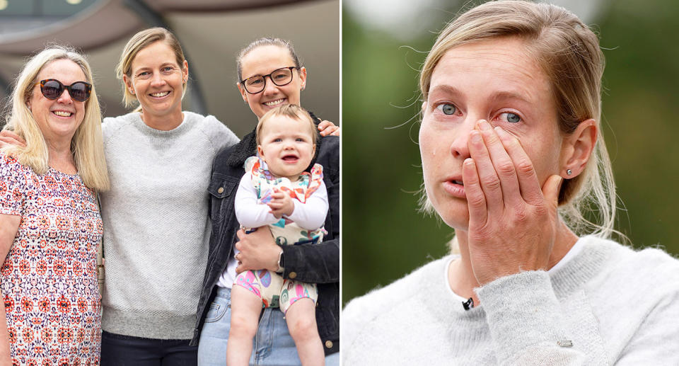 Pictured right is an emotional Meg Lanning at her Australian cricket retirement announcement.
