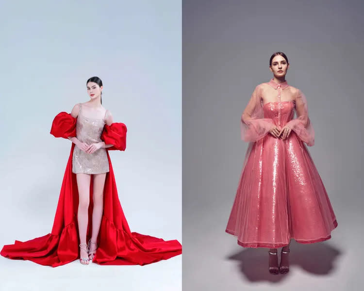 禮服時裝化：紅披風金色短禮服（左）、粉色亮片晚禮服（右）。品牌提供