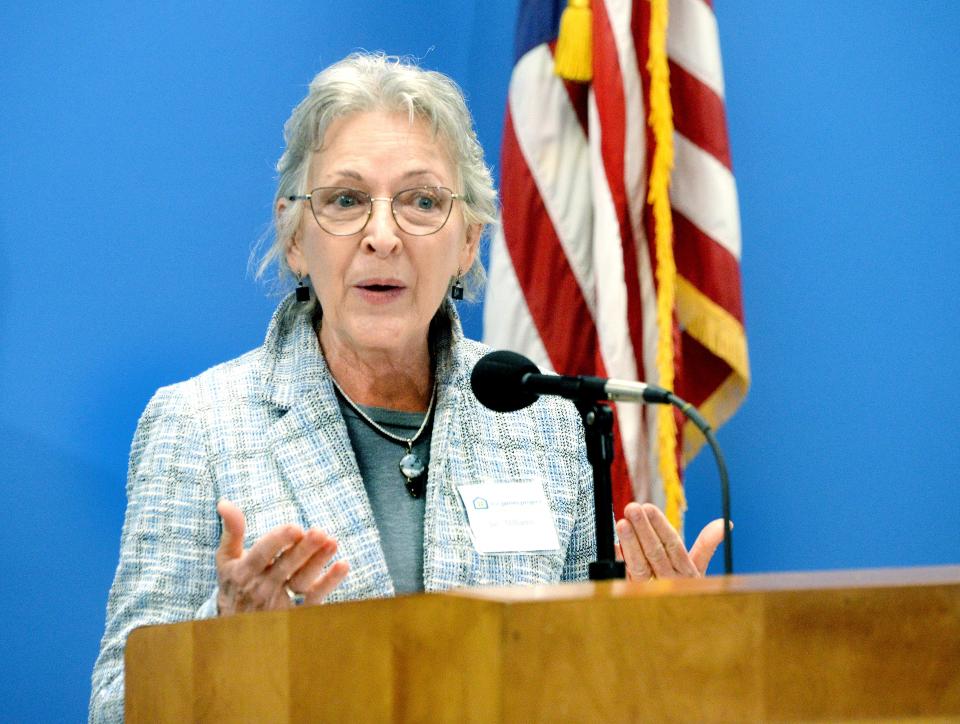 Springfield resident and founder of the James Project Jan Williams speaks after receiving an award at the Let's Celebrate Woman's History Month ceremony Wednesday, March 15, 2023.