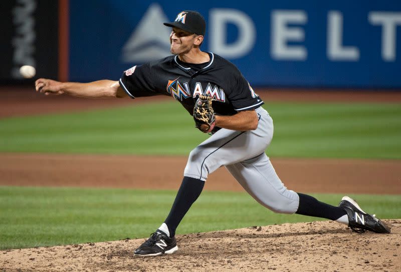 Miami Marlins Steve Cishek pitches to New York Mets in MLB game in New York