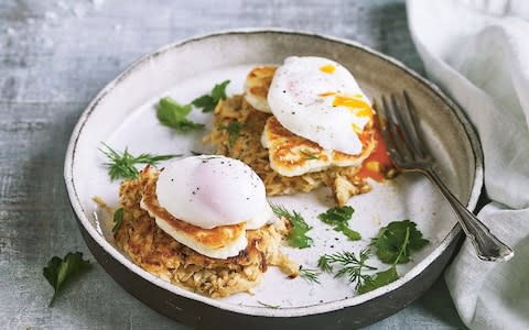 Celeriac and kraut rösti with poached eggs and halloumi - Credit: Nassima Rothacker
