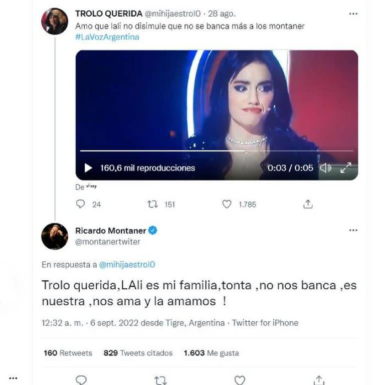 El tuit original con el video que señalaría que Lali Espósito no "se banca más" a los Montaner y la respuesta de Ricardo Montaner