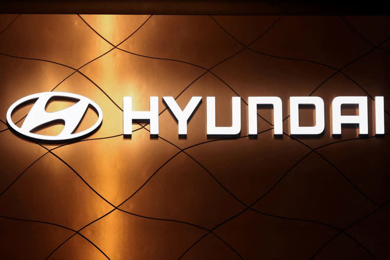 FILE PHOTO: The logo of Hyundai Motor Company is pictured at the New York International Auto Show, in Manhattan