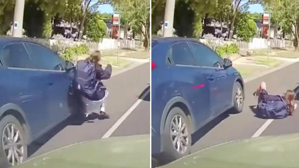 A young girl can be seen darting in between two cars as they are stopped in traffic. Source: Dash Cam Owners Australia