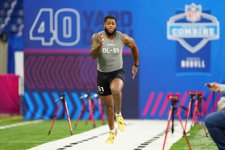 Florida State defensive lineman Jared Verse works out during the 2024 NFL Combine at Lucas Oil Stadium.