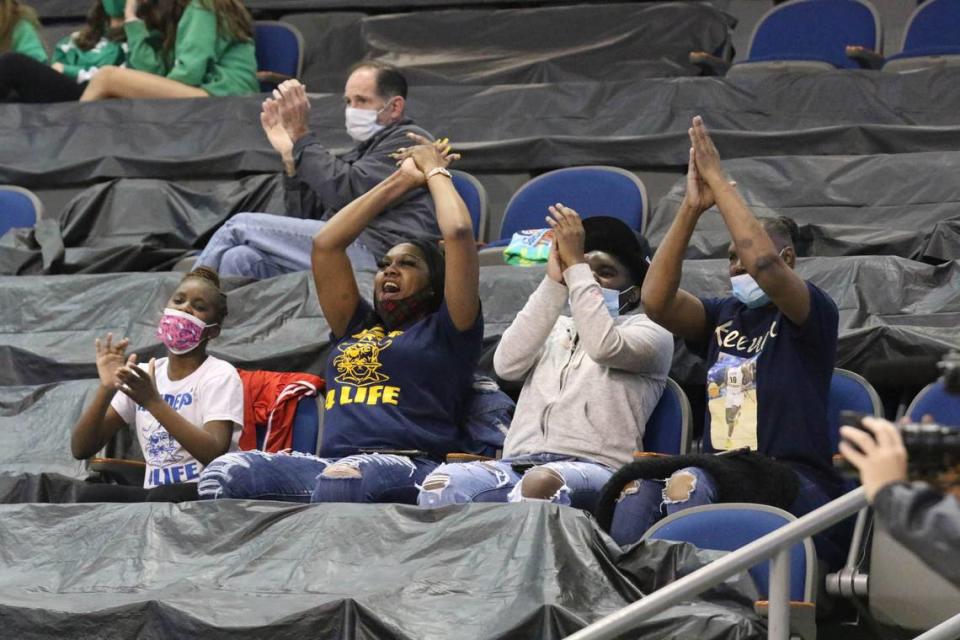 Keenan fans celebrate during the 3A state championship game between Keenan and Bishop England at the USC Aiken Convocation Center on Friday, March 5, 2021.