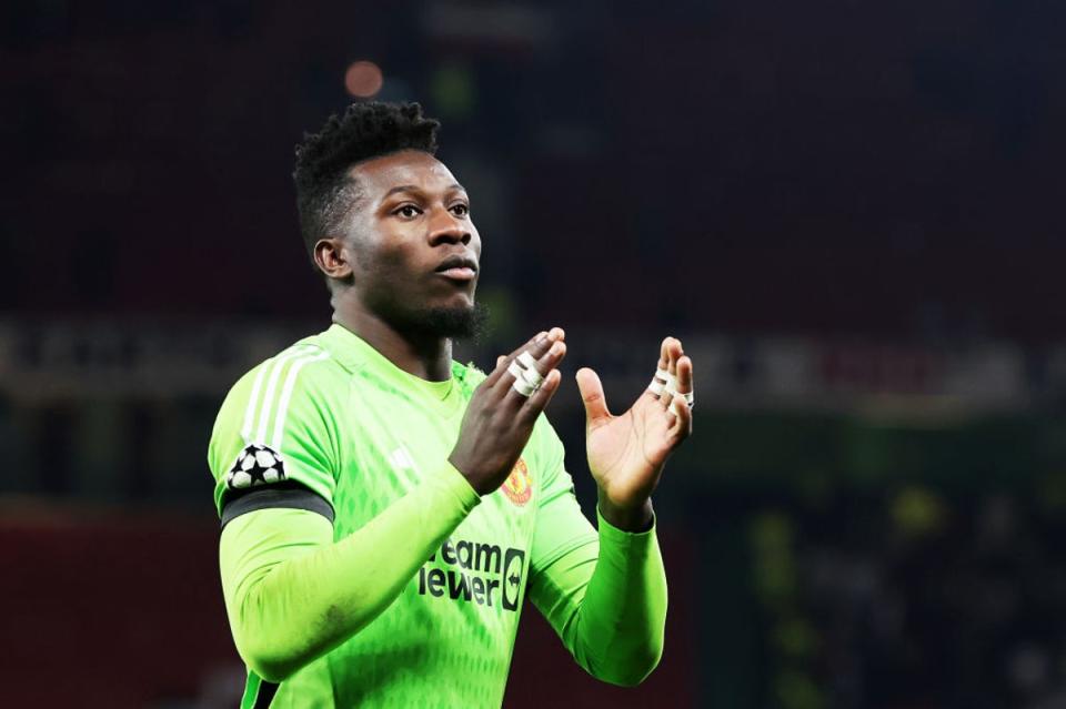 Andre Onana celebrates after saving a penalty from Jordan Larrson and giving Manchester United a 1-0 win over FC Copenhagen  (Getty Images)