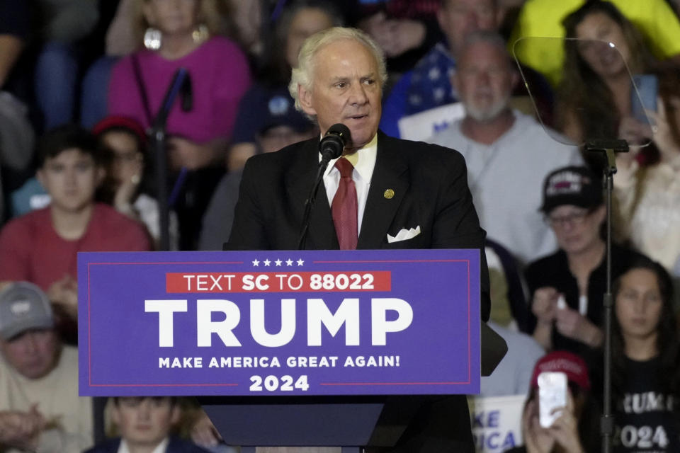 South Carolina Gov. Henry McMaster speaks ahead of a rally with Republican presidential candidate former President Donald Trump in the closing weeks ahead of South Carolina's Feb. 24 Republican presidential primary on Saturday, Feb. 10, 2024, in Conway, S.C. McMaster is one of a number of South Carolina elected officials who have endorsed Trump over former UN Ambassador Nikki Haley, who also served as the state's governor, in the GOP primary campaign. (AP Photo/Meg Kinnard)