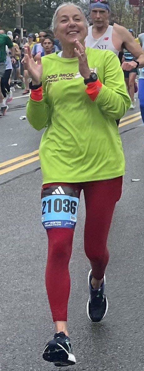 Karen Fogg, York resident, at the 2023 Boston Marathon at Heartbreak Hill.