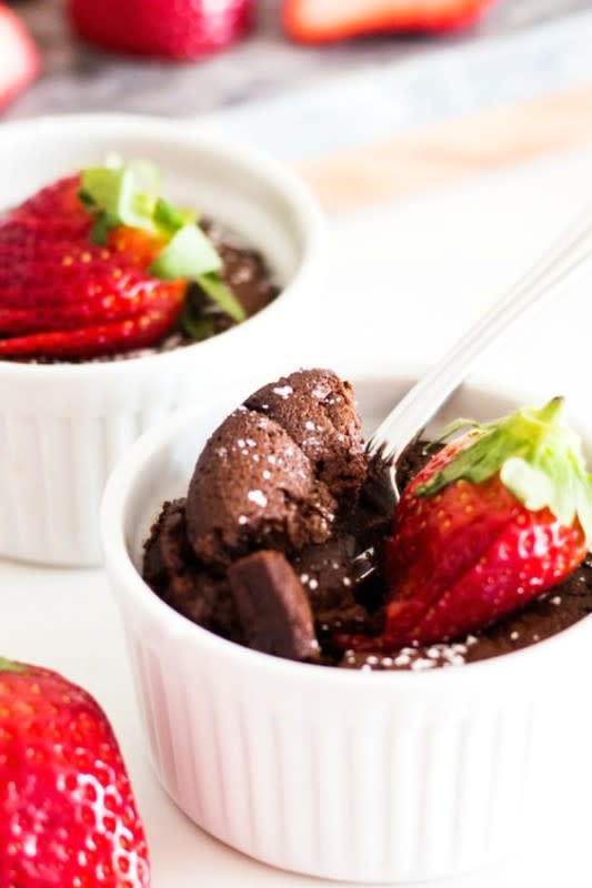 <p>If You Give A Blonde A Kitchen</p><p>Mini flourless chocolate cake is perfect for Valentine’s Day. The recipe makes two cakes in ramekins garnished with fresh strawberries.</p><p><strong>Get the recipe: <a href="https://www.ifyougiveablondeakitchen.com/mini-flourless-chocolate-cake/" rel="nofollow noopener" target="_blank" data-ylk="slk:Mini Flourless Chocolate Cake for Two;elm:context_link;itc:0;sec:content-canvas" class="link ">Mini Flourless Chocolate Cake for Two</a></strong></p>
