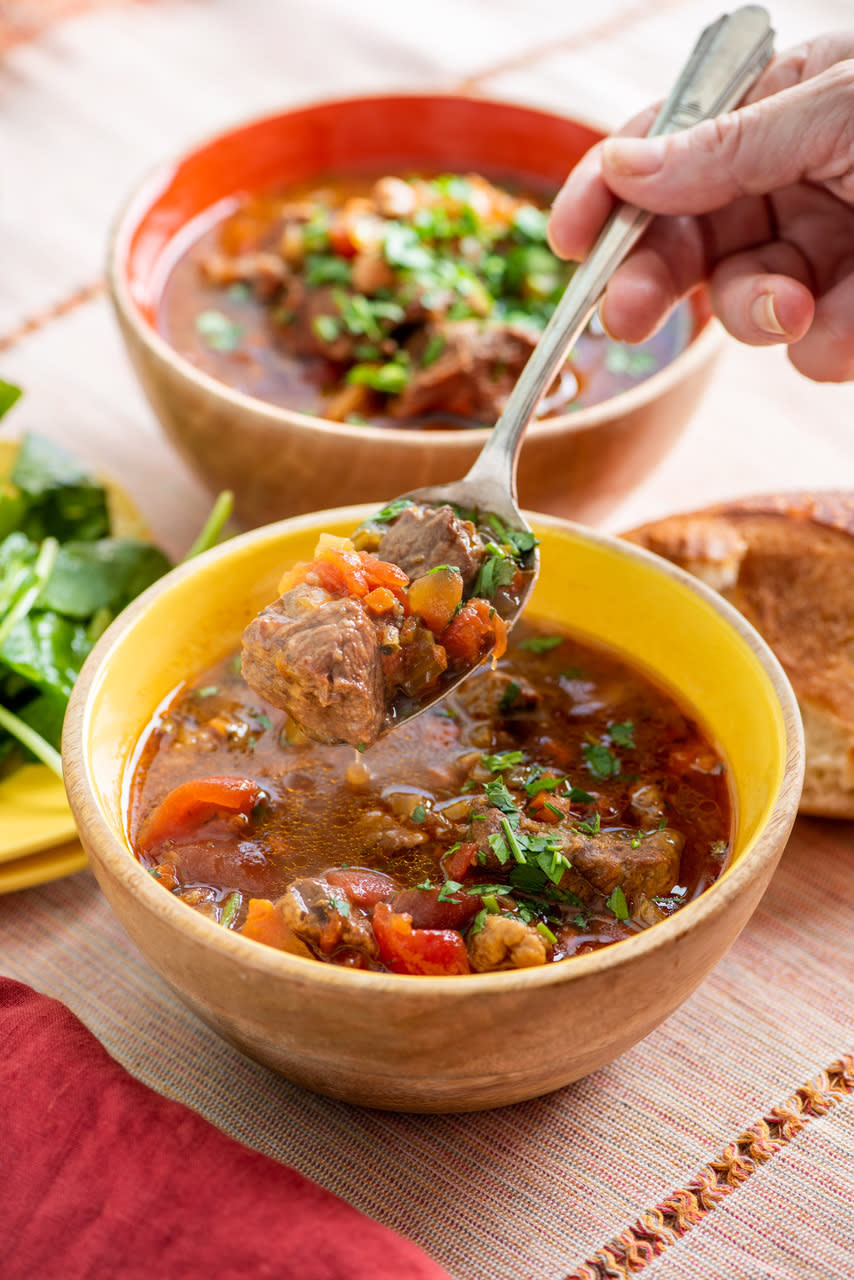 This August 2018 photo shows Instant Pot Mediterranean lamb stew. This dish is from a recipe by Katie Workman. (Cheyenne Cohen via AP)