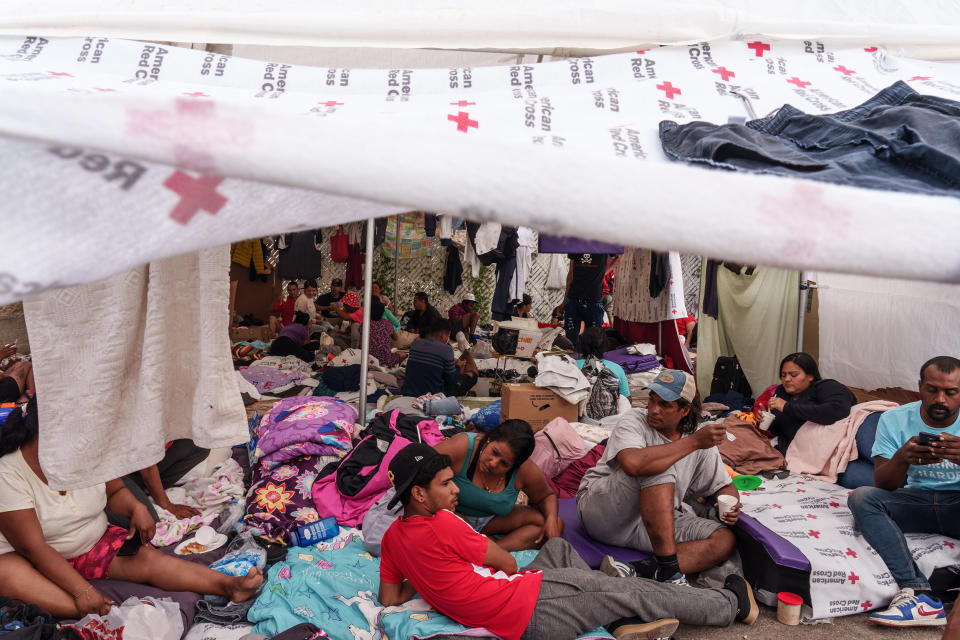 Migrants camped out in front of Opportunity Center for the Homeless before the lifting of Title 42 in El Paso, Texas on Wednesday, May 3, 2023.  (Paul Ratje / Bloomberg via Getty Images)