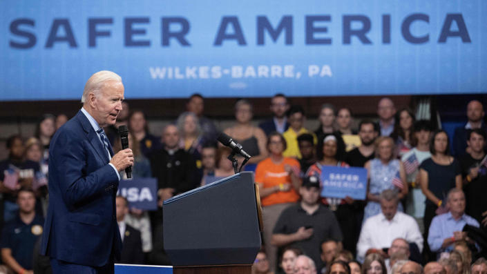 US President Joe Biden speaks at Wilkes University on August 30, 2022 in Wilkes-Barre, Pennsylvania.  (AFP via Jim Watson/Getty Images)