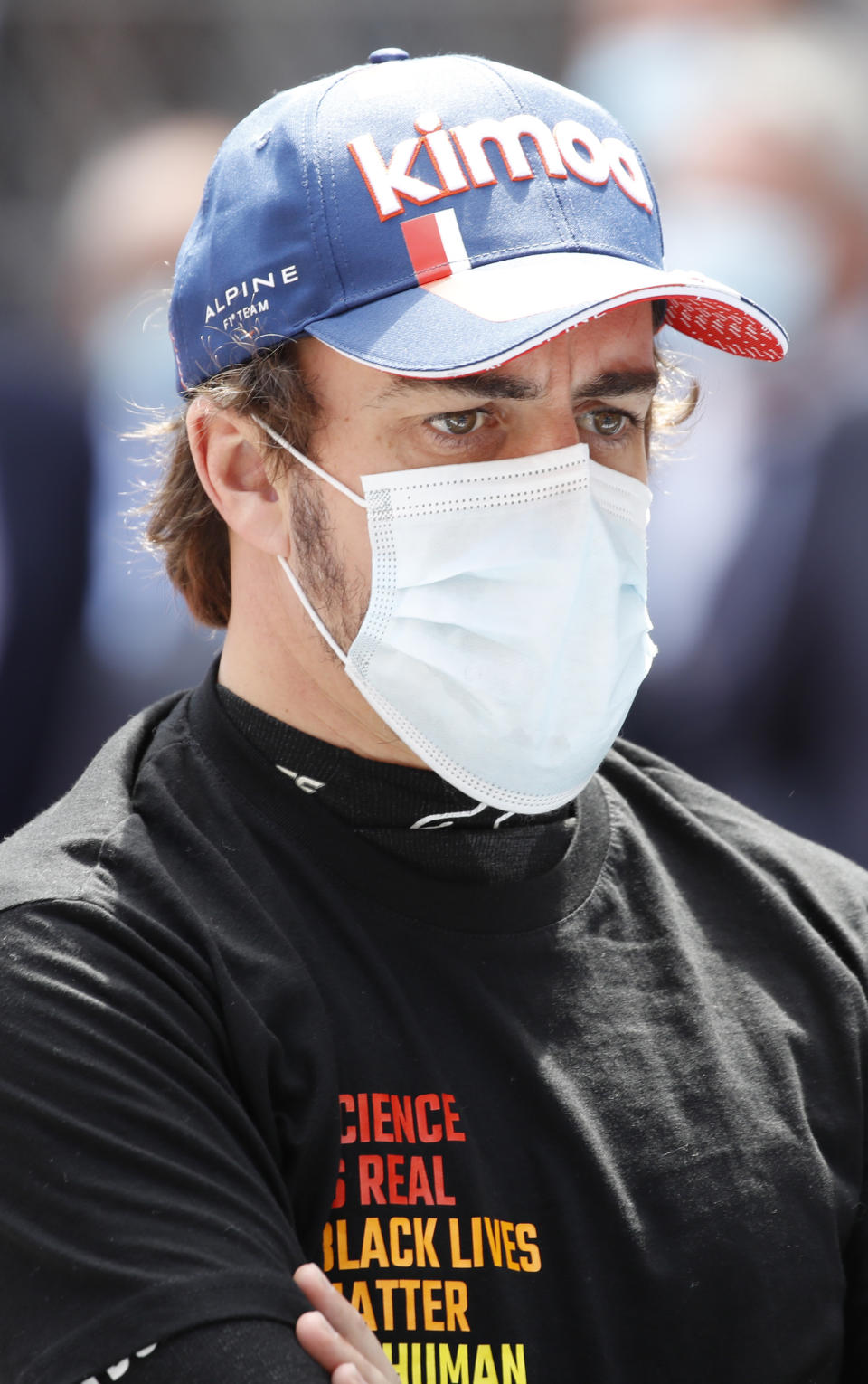 Alpine driver Fernando Alonso of Spain prior to the start of the Monaco Grand Prix at the Monaco racetrack, in Monaco, Sunday, May 23, 2021. (Sebastien Nogier, Pool via AP)