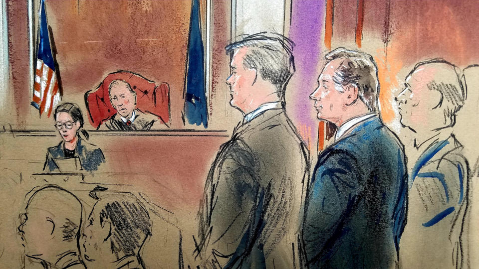 <span class="s1">Paul Manafort, in the dark suit, stands before Judge T.S. Ellis as he is found guilty of eight charges of bank and tax fraud in Alexandria, Va., on Aug. 21. (Sketch: Bill Hennessy via Reuters)</span>