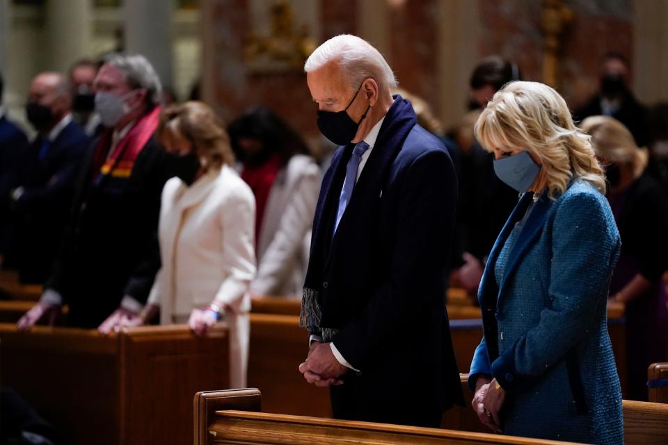President-elect Joe Biden and his wife, Jill Biden, attend Mass in Washington, D.C., during Inauguration Day ceremonies on Jan. 20, 2021.