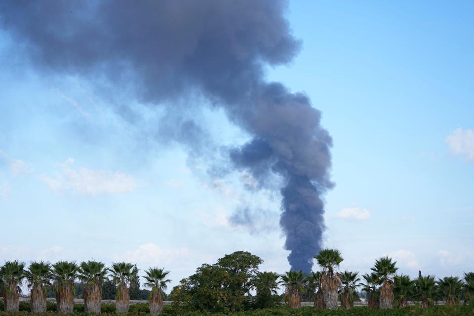 A column of smoke rises from the south of Israel on Saturday, Oct. 7, 2023. Palestinian militants in the Gaza Strip infiltrated Saturday into southern Israel and fired thousands of rockets into the country while Israel began striking targets in Gaza in response.