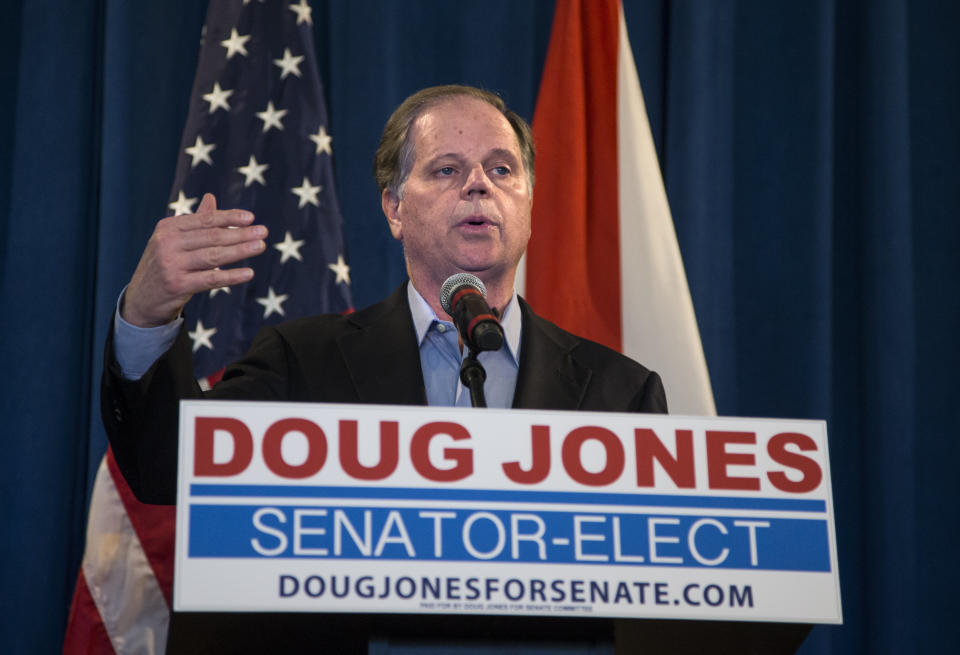 Senator-elect Doug Jones (D-Ala.) speaks to reporters on Dec. 13, 2017, the day after his upset victory in a special election for an open U.S. Senate seat. (Photo: Mark Wallheiser/Getty Images)