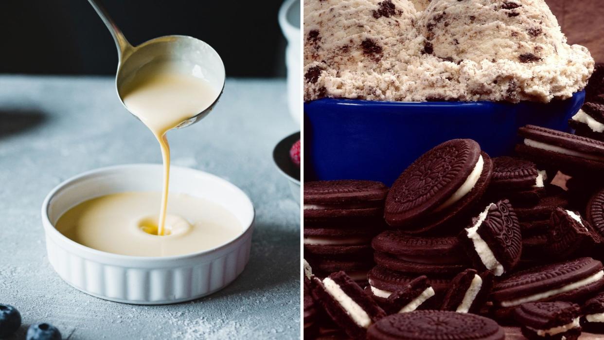  (L) a bowl of custard, (R) Oreo cookies . 