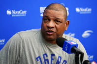 Philadelphia 76ers' Doc River speaks to the media after practice at the NBA basketball team's facility, Sunday, Oct. 17, 2021, in Camden, N.J. (AP Photo/Matt Slocum)