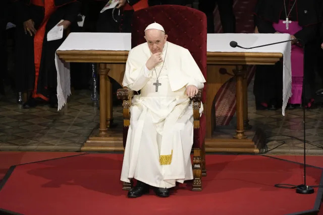 FILE - Pope Francis attends a meeting with priests, religious men and women, seminarians and catechists, at the Cathedral of Saint Martin, in Bratislava, Slovakia, Sept. 13, 2021. Pope Francis is celebrating his 85th birthday Friday, Dec. 17, 2021, a milestone made even more remarkable given the coronavirus pandemic, his summertime intestinal surgery and the weight of history: His predecessor retired at this age and the last pope to have lived any longer was Leo XIII over a century ago. (AP Photo/Gregorio Borgia, file)