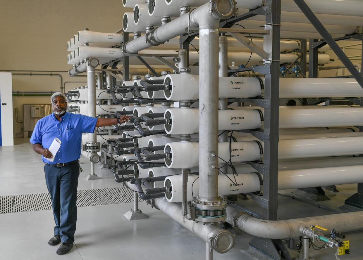 Mike Woodside, superintendent of the City of Stuart water treatment plant, talks about the different membrane filter tubes that are part of the city’s new reverse osmosis water treatment system installed at its water treatment plant, following a ribbon cutting ceremony for the new system on Friday, May 10, 2024, in Stuart.